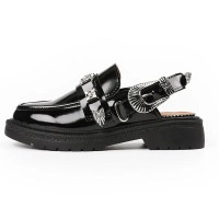 Round Toe Belt Buckle Decorated Slingback Flats Sandals Loafers - Black