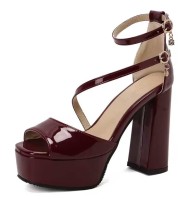 Peep Toe Platform Block Buckle Strap Heels - Wine Red Patent