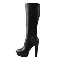 Round Toe Platforms Knee Highs Stiletto Heels Matte Side Zipper Boots - Black Faux Leather