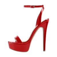 Peep Toe Ankle Buckle Slingback Stiletto Sandals - Red Patent