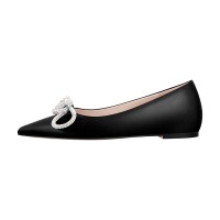 Pointed Toe Rhinestones Bow Daily Slip On Ballet Flats - Black Satin