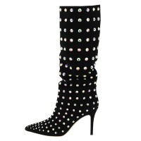 Pointed Toe Stiletto Heels Rhinestones Bordered Mid Calf Suede Knee Highs Booties - Black