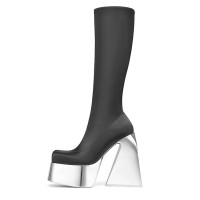 Chunky Heels Round Toe Satin Platforms Knee High Boots - Black