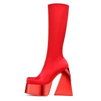 Chunky Heels Round Toe Satin Platforms Knee High Boots - Red