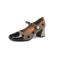 Square Toe Chunky Heels Polka Dots Pattern Mary Janes Vintage Shoes - Black
