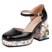Round Toe Ankle Buckle Straps Chunky Heels Platforms Dorsay Flower Graffiti Pumps - Black