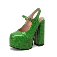 Round Toe Crocodile Pattern Chunky Heels Mary Janes Slingback Platforms Sandals - Green Patent