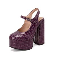 Round Toe Crocodile Pattern Chunky Heels Mary Janes Slingback Platforms Sandals - Purple Patent