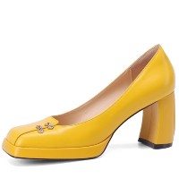 Square Toe Chunky Heels Leather Vintage Pumps - Yellow
