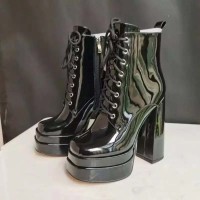 Square Toe Chunky Heels Platforms Side Zipper Ankle Highs Pastel Lace Up Martin Boots - Black Patent