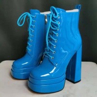 Square Toe Chunky Heels Platforms Side Zipper Ankle Highs Pastel Lace Up Martin Boots - Blue Patent