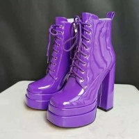 Square Toe Chunky Heels Platforms Side Zipper Ankle Highs Pastel Lace Up Martin Boots - Purple Patent