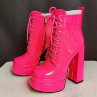 Square Toe Chunky Heels Platforms Side Zipper Ankle Highs Pastel Lace Up Martin Boots - HotPink Patent