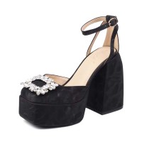 Square Toe Chunky Heels Ankle Buckle Straps Rhinestone Decal Hollow Sandals - Black Microfiber