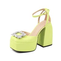 Square Toe Chunky Heels Ankle Buckle Straps Rhinestone Decal Hollow Sandals - Yellow Microfiber