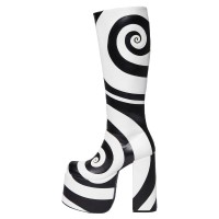 Two Tone Swirl Appliques Round Toe Side Zipper Platforms Chunky Heels Knee Highs Boots - Black White
