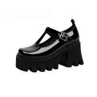 Round Toe T Straps Mary Janes Japanese Style Lolita Chunky Heels Pumps - Black