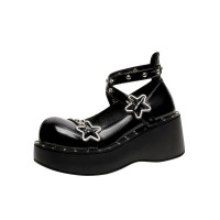 Round Toe Rivet Decorated Ankle Star Buckle X Straps Platform Shoes - Black
