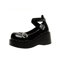 Round Toe Decorated Ankle Buckle X Straps Platform Shoes - Black