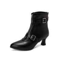 Pointed Toe Leopard Kitten Heels Ankle High Buckle Straps Zipper Spring Boots - Black