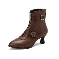 Pointed Toe Leopard Kitten Heels Ankle High Buckle Straps Zipper Spring Boots - Brown