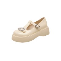 Round Toe T Straps Rhinestones Mary Janes Platforms College Loafers - Beige