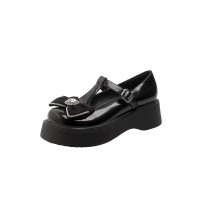 Round Toe T Straps Rhinestones Ribbon Mary Janes Platforms College Loafers - Black