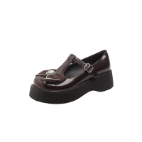 Round Toe T Straps Rhinestones Ribbon Mary Janes Platforms College Loafers - Brown