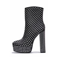Square Toe Chunky Heels Rhinestones Platforms High Boots - Black