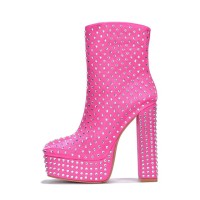 Square Toe Chunky Heels Rhinestones Platforms High Boots - Pink