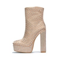 Square Toe Chunky Heels Rhinestones Platforms High Boots - Tan