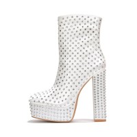 Square Toe Chunky Heels Rhinestones Platforms High Boots - White