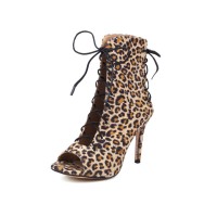Peep Toe Stiletto Heels Flock Suede Lace Up Spring Gladiator Spring Sandals Pumps - Leopard