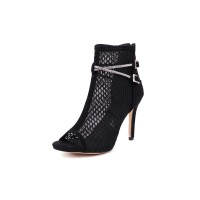 Peep Toe Stiletto Heels Fletwork Spring Ankle Highs Rhinestones Straps Summer Sandals Pumps - Black