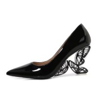 Pointed Toe Strange Butterfly Heels Patent Pumps - Black