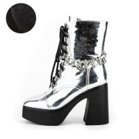 Round Toe Chunky Heels Side Zipper Platforms Ankle Highs Chain Decorated Punk Winter Boots - Silver