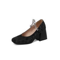 Square Toe Chunky Heels Chain Straps Mary Janes Shoes - Black