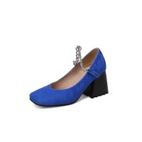 Square Toe Chunky Heels Chain Straps Mary Janes Shoes - Blue