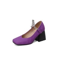 Square Toe Chunky Heels Chain Straps Mary Janes Shoes - Purple