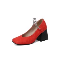 Square Toe Chunky Heels Chain Straps Mary Janes Shoes - Red