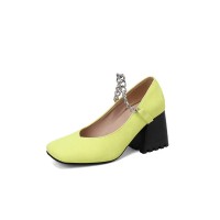 Square Toe Chunky Heels Chain Straps Mary Janes Shoes - Yellow