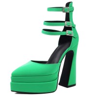 Pointed Toe Chunky Heels Trible Rhinestones Straps Double Platforms Pumps - Green Faux Leather