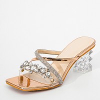 Peep Toe Rhinestones Straps Chunky Crystal Heels Sandals Slippers - Champagne