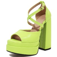 Peep Toe Platforms Cross Straps Pastel Chunky Heels Pumps Sandals - Green