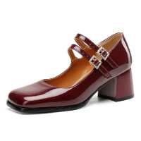 Square Toe Low Chunky Heels Mary Janes Rhinestones Straps Pumps - Wine Red
