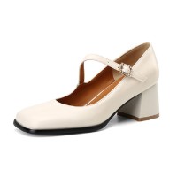 Square Toe Mary Janes Low Chunky Heels Rhinestones Buckle Straps Wedding Pumps - Beige
