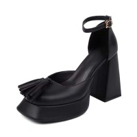 Round Toe Chunky Heels Classic Ankle Buckle Straps Platforms Pumps - Black Faux Leather