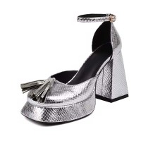 Round Toe Chunky Heels Snake Print Ankle Buckle Straps Platforms Pumps - Silver Faux Leather