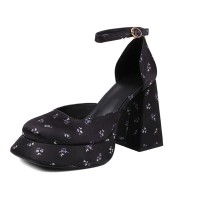 Square Toe Chunky Heels Platforms Satin Ankle Buckle Straps Pumps - Black