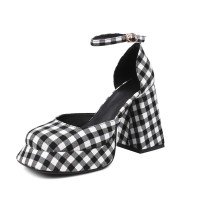 Square Toe Chunky Heels Platforms Plaids Ankle Buckle Straps Pumps - White Black